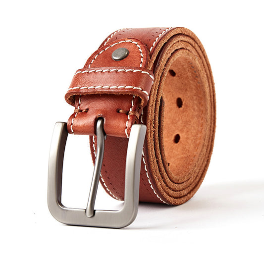 Washed Leather Belt - Casual Style, Top Layer Cowhide, Pin Buckle - Adult Unisex Belt