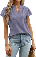 Jacquard V-neck Pile Sleeve Short Sleeve in Various Colors - Elegant and Versatile Fashion Choice