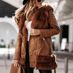 Fashion Women's Black Leather Coat with Fur Collar