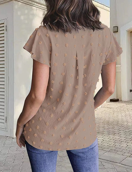 Women V Neck Ruffle Short Sleeve Chiffon Blouse Dot Flowy Shirt Top