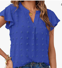 Women V Neck Ruffle Short Sleeve Chiffon Blouse Dot Flowy Shirt Top