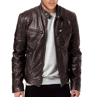Slim PU Leather Jacket for Men - Business Style, Khaki/Brown/Black, S-5XL