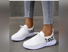 White Women's Leopard Print Lace-up Sneakers - Stylish and Comfortable Sport shoes