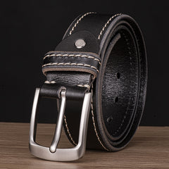 Pin Buckle Belts for Men - Genuine Leather Square Buckle Belt with Car Stitches - Farefe