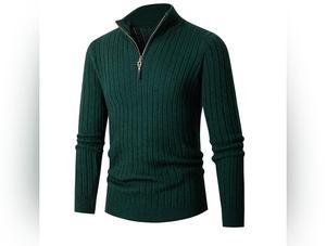 Men's Long-sleeved Half-turtleneck Zip-up Sweater - Slim-fit Pullover with Half Height Zipper