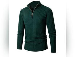 Men's Long-sleeved Half-turtleneck Zip-up Sweater - Slim-fit Pullover with Half Height Zipper
