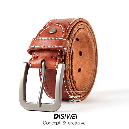 Washed Leather Belt - Casual Style, Top Layer Cowhide, Pin Buckle - Adult Unisex Belt