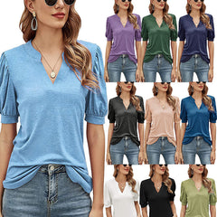 Women's Pleated Puff Sleeve Tops V Neck T Shirts Casual Loose Blouses