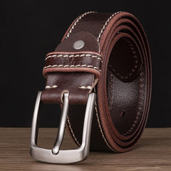 Pin Buckle Belts for Men - Genuine Leather Square Buckle Belt with Car Stitches - Farefe