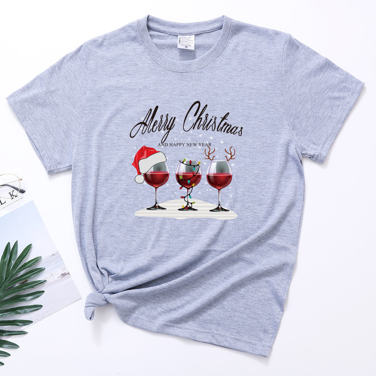 Christmas Three Wine Glasses Print Short Sleeve - Sweet Style Polyester Shirt - Farefe