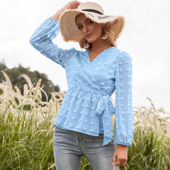 Elegant V-neck Lace Blouse Women - Long Sleeve