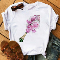 Kawaii Rose Gold Wine Glass T-shirt - Casual Printing Short Sleeve