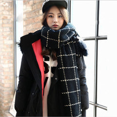 Winter Thick Woolen Scarf - Check Pattern, Tassel Details, Warm and Stylish