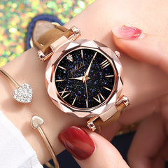 Women's Frosted Belt Watch - Fashion Leather Strap Quartz Wristwatch with Starry Sky Dial and Roman Number Rhinestone - High Quality and Durable - Precise Timekeeping - No Water Resistance