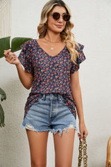 Casual V Neck Ruffle Short Sleeve T Shirt Blouses