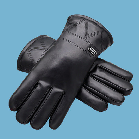 Down Cotton Fleece-lined Warm Leather Gloves for Men - Touch Screen, Windproof (27CMX11CM) - Farefe