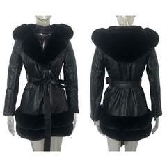 Fashion Women's Black Leather Coat with Fur Collar