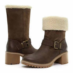 Fashion Buckle Chunky Heel Winter Round Toe Western Boots for Women - Farefe