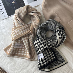 Houndstooth and Wave Pattern Print Scarf - Women's Winter Korean Style Fashion Knitted Double-Sided Warm Woolen Scarf