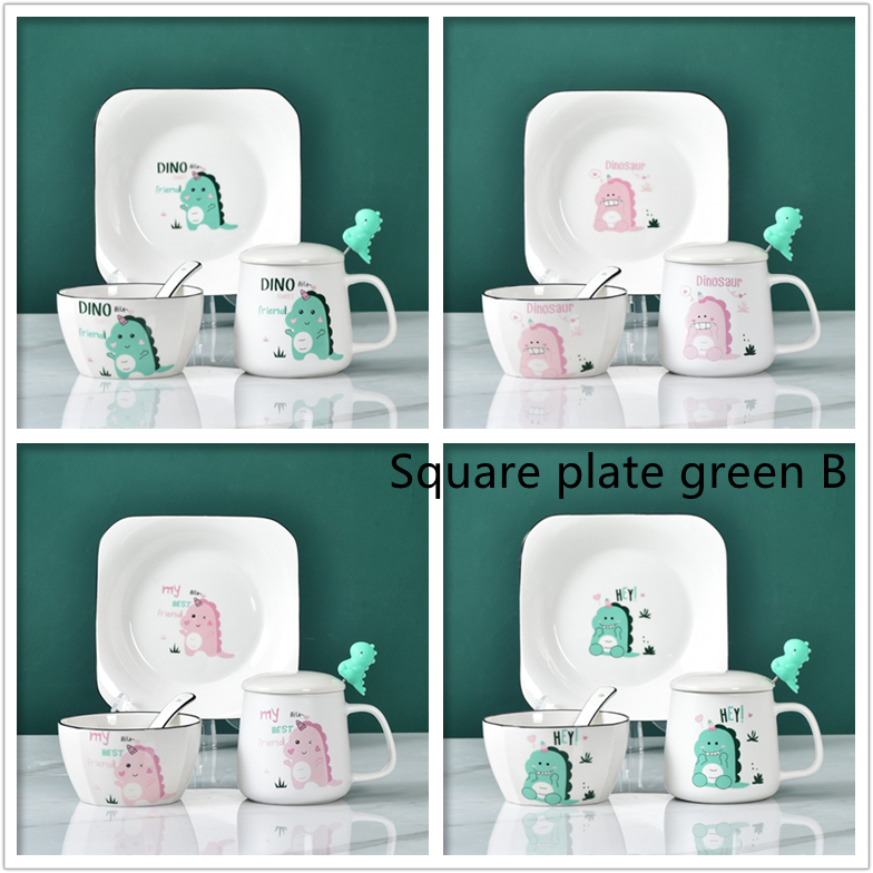 Cute Cartoon Dinosaur Ceramic Bowls And Dishes - Set of 4 Bowls and Spoons - Farefe