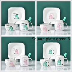 Cute Cartoon Dinosaur Ceramic Bowls And Dishes - Set of 4 Bowls and Spoons - Farefe