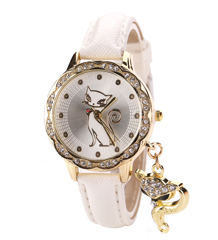 Fashion Cat Pattern Analog Quartz Wrist Watches - 3CM Dial, 0.7CM Thickness, 1.3CM Strap - Gift for Women & Girls - Farefe