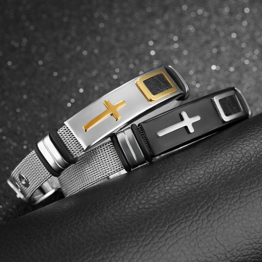Embrace Your Style with Gold Cross Stainless Steel Mesh Personality Bracelet