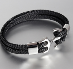 Stylish Men's Stainless Steel Anchor Leather Bracelet: Nautical Charm with Vintage Appeal
