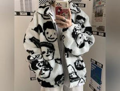 WAKUTA Winter Wool Coat for Women - Chic and Funny Cartoon Anime Print Jackets - Casual and Loose Fit - Long Sleeve - White Color - Available in Sizes M and L