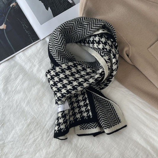 Houndstooth and Wave Pattern Print Scarf - Women's Winter Korean Style Fashion Knitted Double-Sided Warm Woolen Scarf