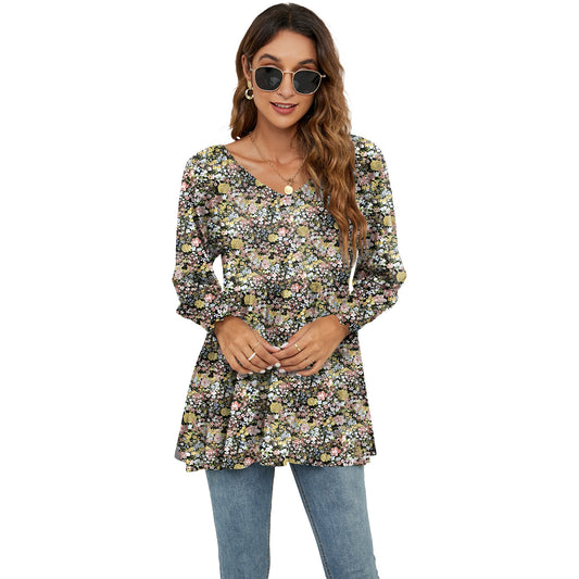 Women's Long Sleeve V-Neck Blouse with Puff Sleeves and Flowers Print - Casual Babydoll Tops - Farefe