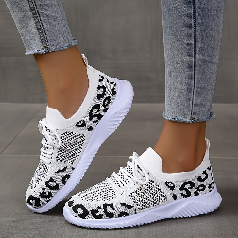 White Women's Leopard Print Lace-up Sneakers - Stylish and Comfortable Sport shoes - Farefe