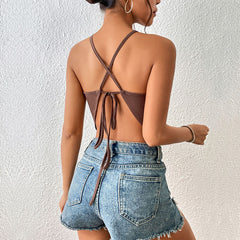 Brown Sexy Halter Spaghetti Straps Vest - Farefe