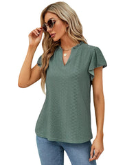 Jacquard V-neck Pile Sleeve Short Sleeve in Various Colors - Elegant and Versatile Fashion Choice