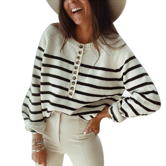 Striped Pullover Blouse Button Cardigan for Women
