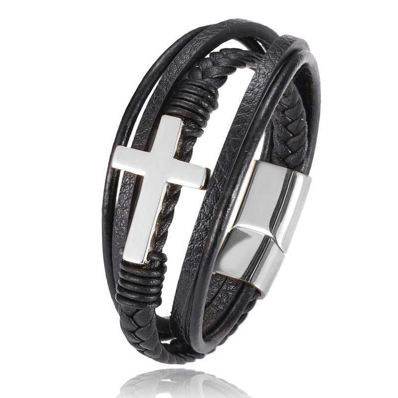 Stylish Stainless Steel Cross Bracelet for Men with Multi-layer Braided Design