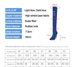 Fish mouth knee boots with high-stretch denim, microfiber interior, rubber sole, 7.5cm forefoot width, and 55cm tube height.