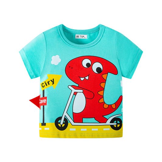 Foreign Style Korean Cotton Short Sleeve Cartoon Dinosaur Print Boys Baby T-shirt