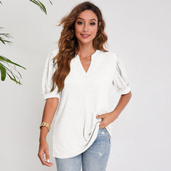 Women's Pleated Puff Sleeve Tops V Neck T Shirts Casual Loose Blouses