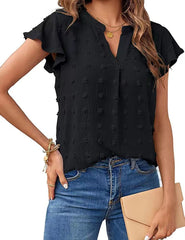 Women V Neck Ruffle Short Sleeve Chiffon Blouse Dot Flowy Shirt Top