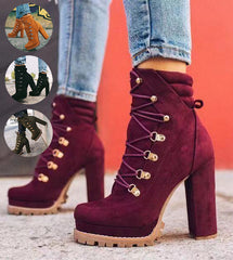 Heeled Lace-Up Mid-Calf Boots for Women - Round Toe, High Heel. - Farefe