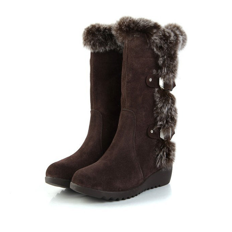 Brown Winter Women Casual Warm Fur Mid-Calf Boots Shoes- Slip-On Round Toe Flats Snow Boots Shoes - Farefe