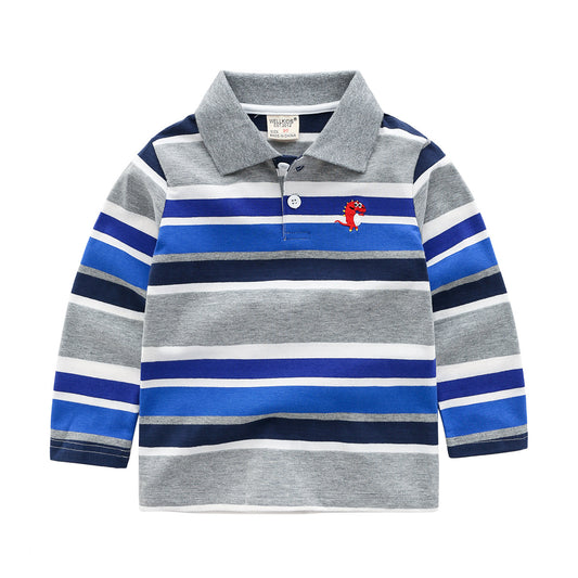 Boys Casual Striped Long Sleeve T-Shirt - Made in China - Soft Cotton Fabric - Non-Hooded - Ages 3-8 Years - Lapel Collar - Farefe