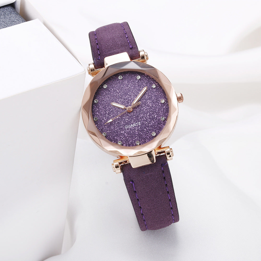 Casual Women Romantic Starry Sky Leather Rhinestone Watch - Farefe