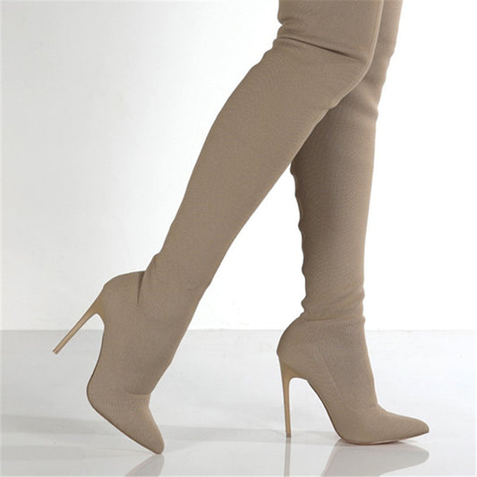 Women's High-heel Knit Over-the-knee Boots - Farefe