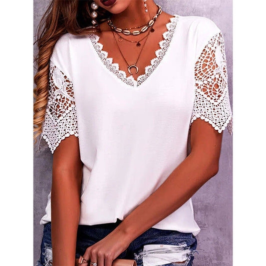 Lace V Neck Short Sleeve Loose Casual Shirts for Women
