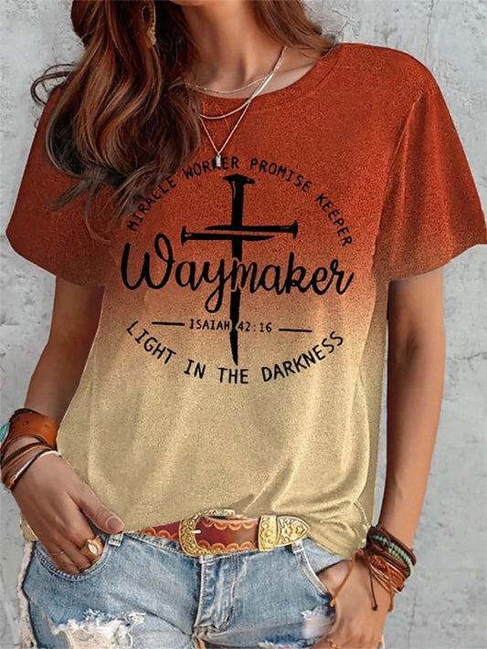 Summer Short Sleeve T-shirt with Religious Peoples Pattern & Letter Print - Women (Polyester)
