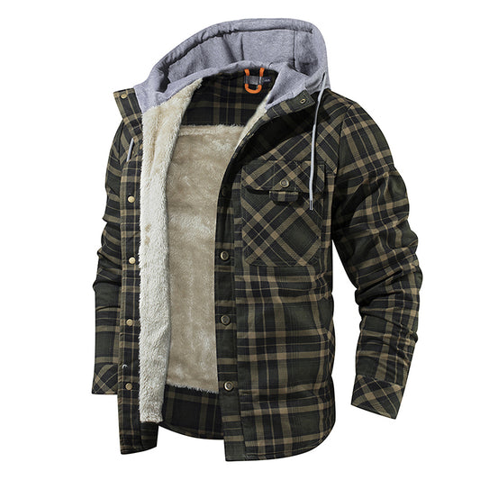 Men's Warm Plaid Hooded Jacket with Fleece Lining - Snap Button Closure - Farefe