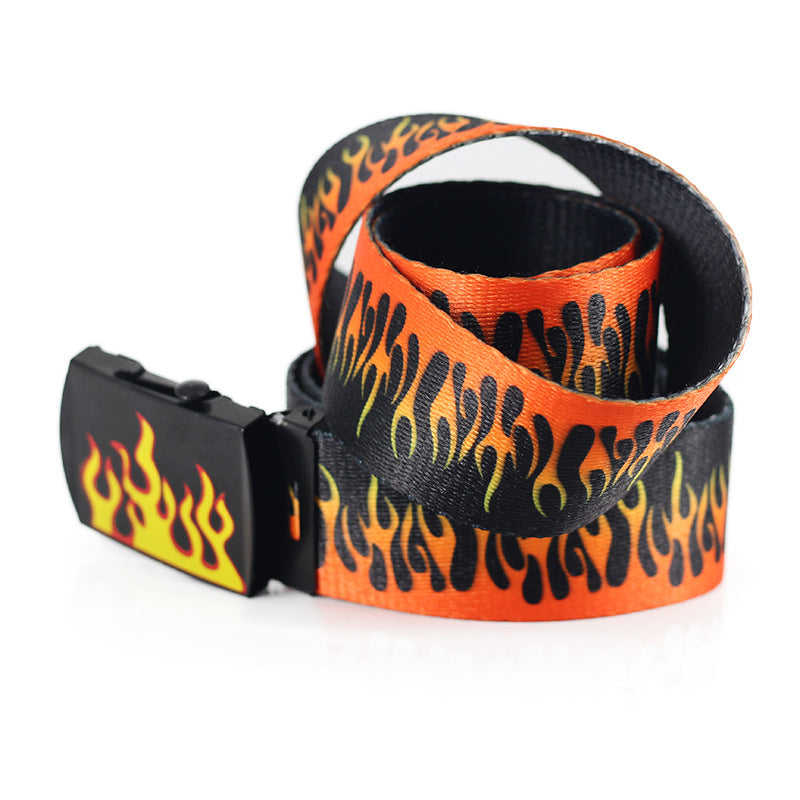 Flame Pattern Silk Woven Canvas Belt - Oval Iron Buckle, Single Loop - Durable, Wild, Multicolor (3.8cm width)