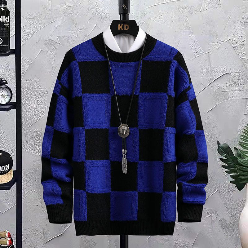 Men's Trendy Plaid Round Neck Sweater Loose Fit - Stylish and Comfortable Acrylic Fabric - Available in Multiple Colors - Sizes M-XXXL - Farefe